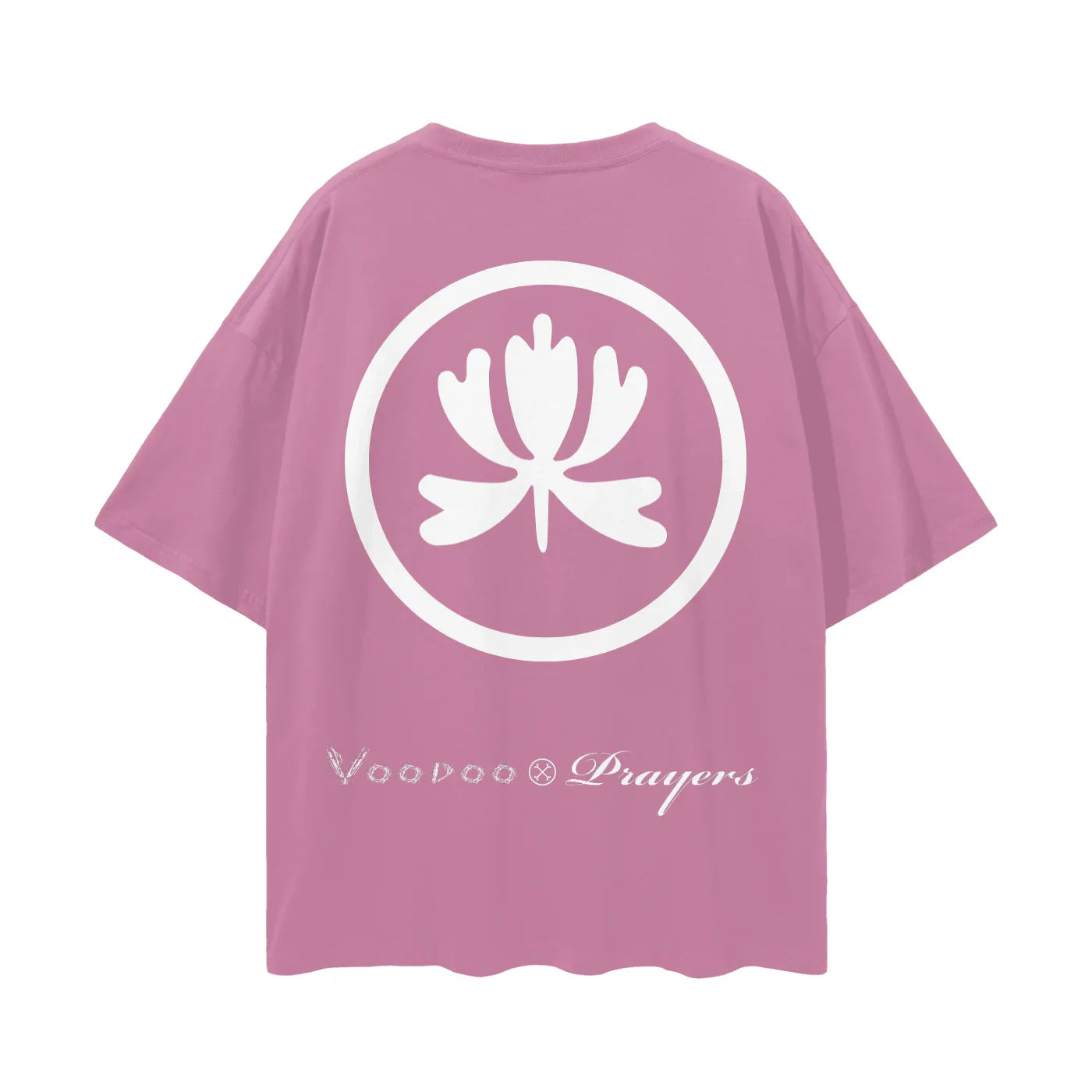 Pink oversized t-shirt with white lotus emblem and stylized lettering on the back.