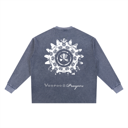 Blue long-sleeve shirt with white graphic design on the back on a white background