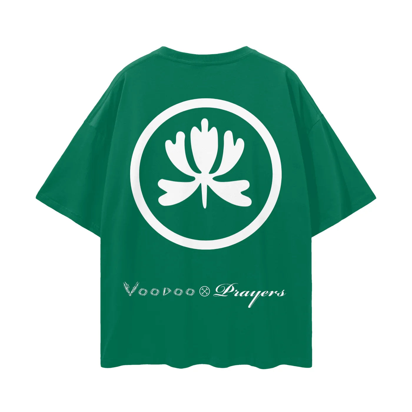 Green oversized t-shirt with bold white lotus flower graphic and decorative script text on back.