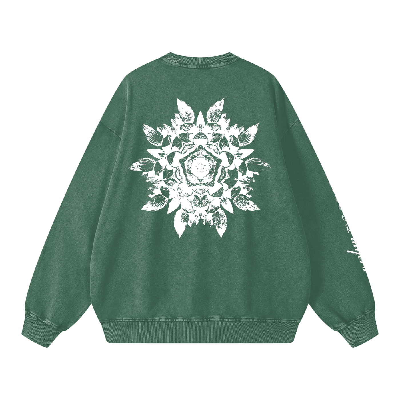 Green sweatshirt with a white floral design on the back against a white background