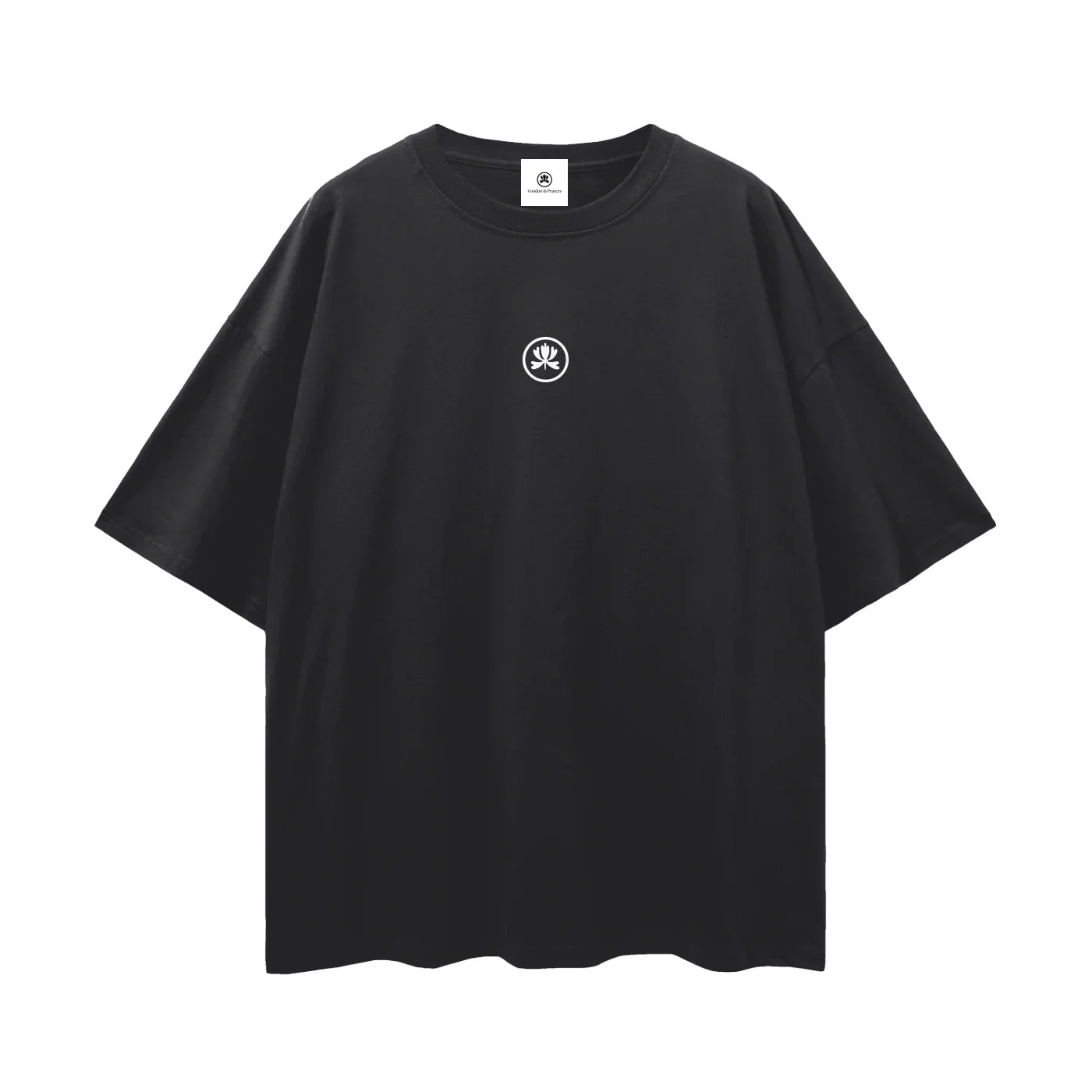Black oversized t-shirt with small white abstract logo on the chest, streetwear style