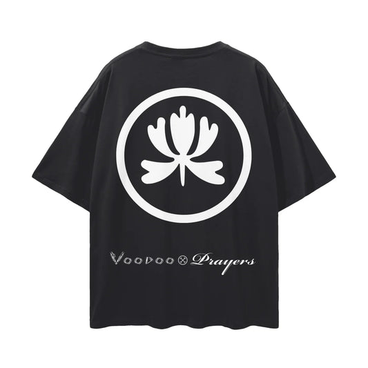 Black oversized t-shirt with bold white abstract flower emblem and Voodoo Prayers text on back