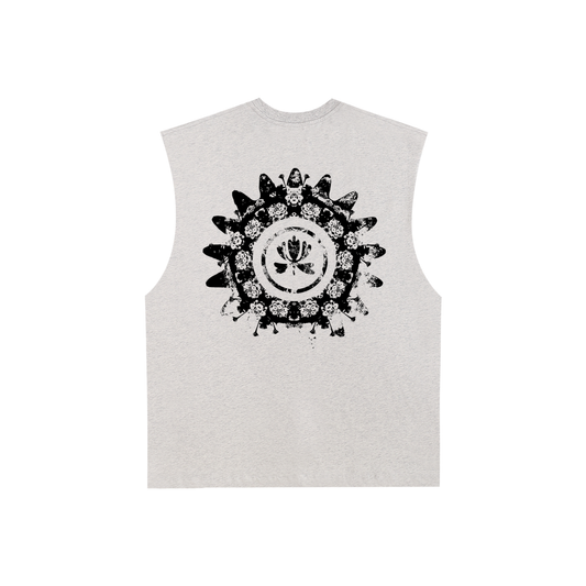 White sleeveless shirt with black floral design on a white background