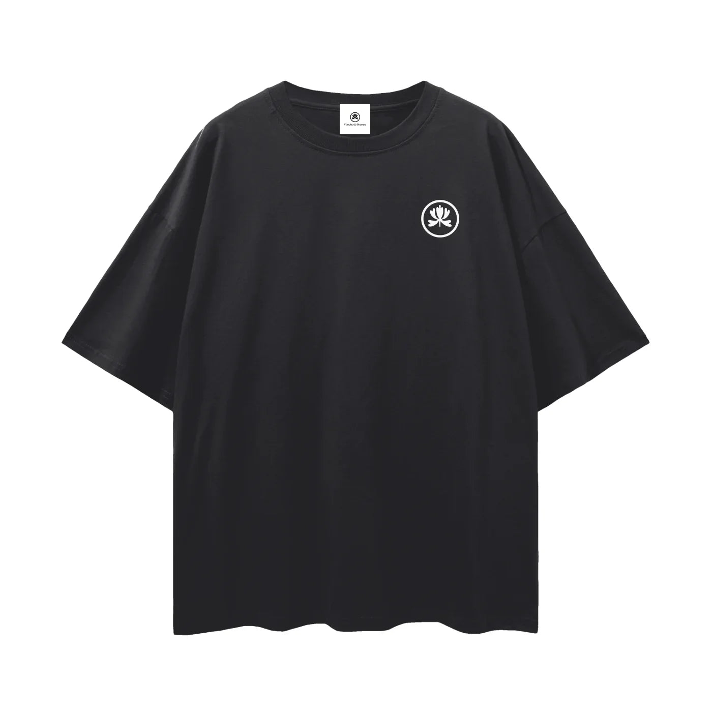 Black oversized t-shirt with white spiritual emblem on chest, streetwear fashion