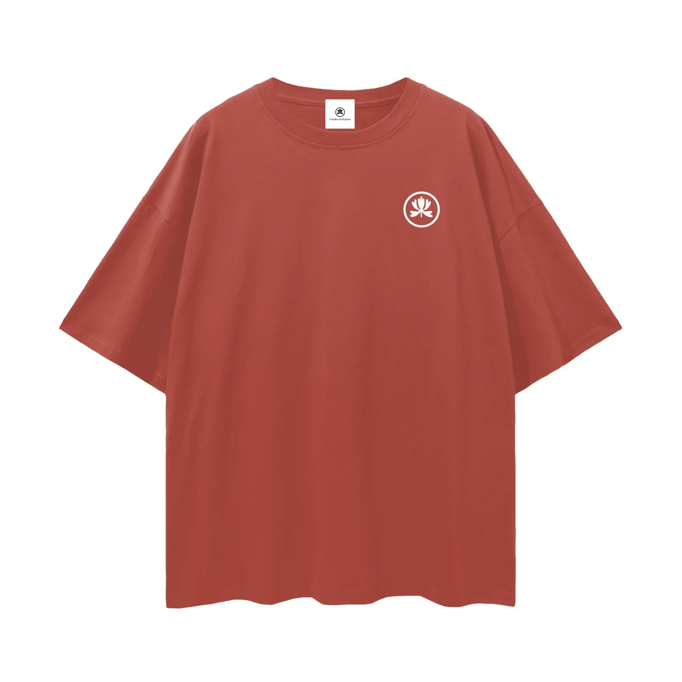 Rust red oversized t-shirt with white abstract logo on left chest, club culture streetwear