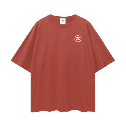 Rust red oversized t-shirt with white abstract logo on left chest, club culture streetwear