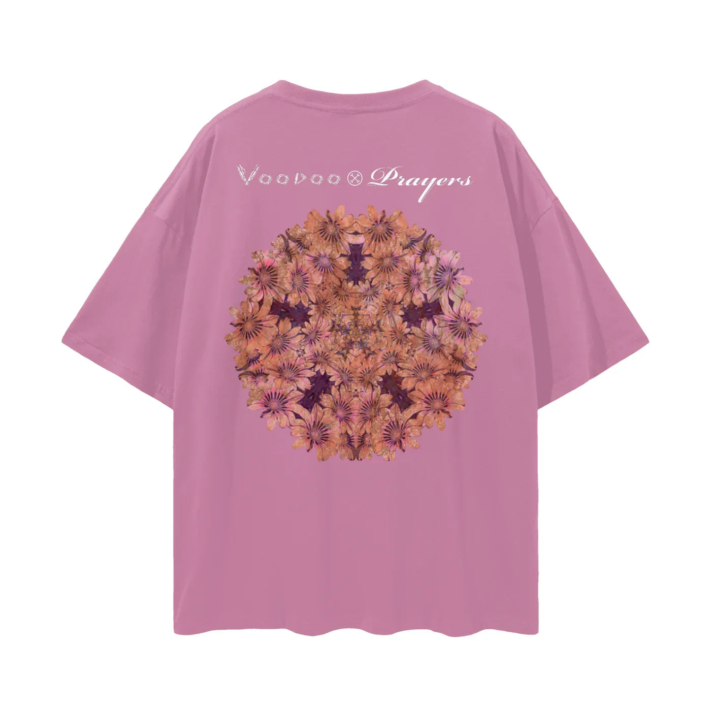 Pink oversized t-shirt with kaleidoscopic floral mandala and 'Voodoo Prayers' text on back