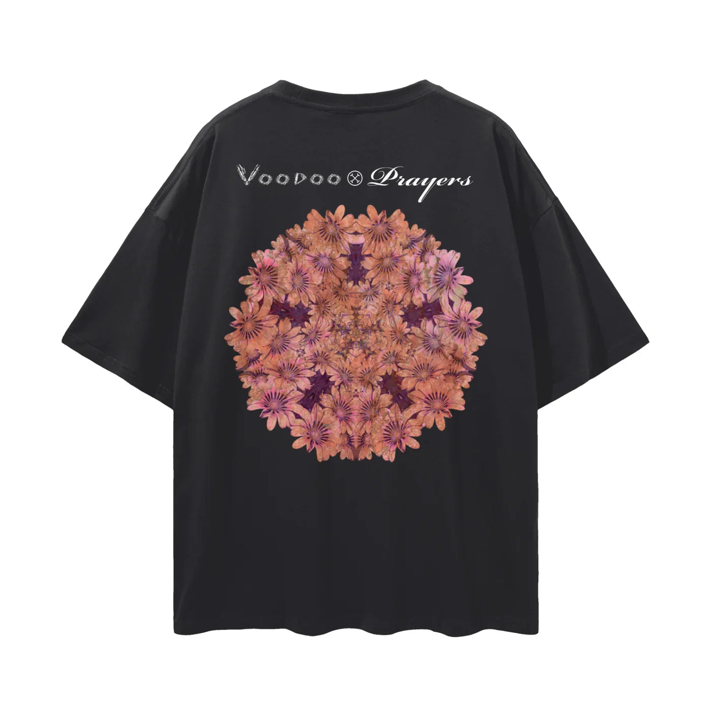 Black oversized t-shirt with kaleidoscope floral mandala and 'Voodoo Prayers' text on back.