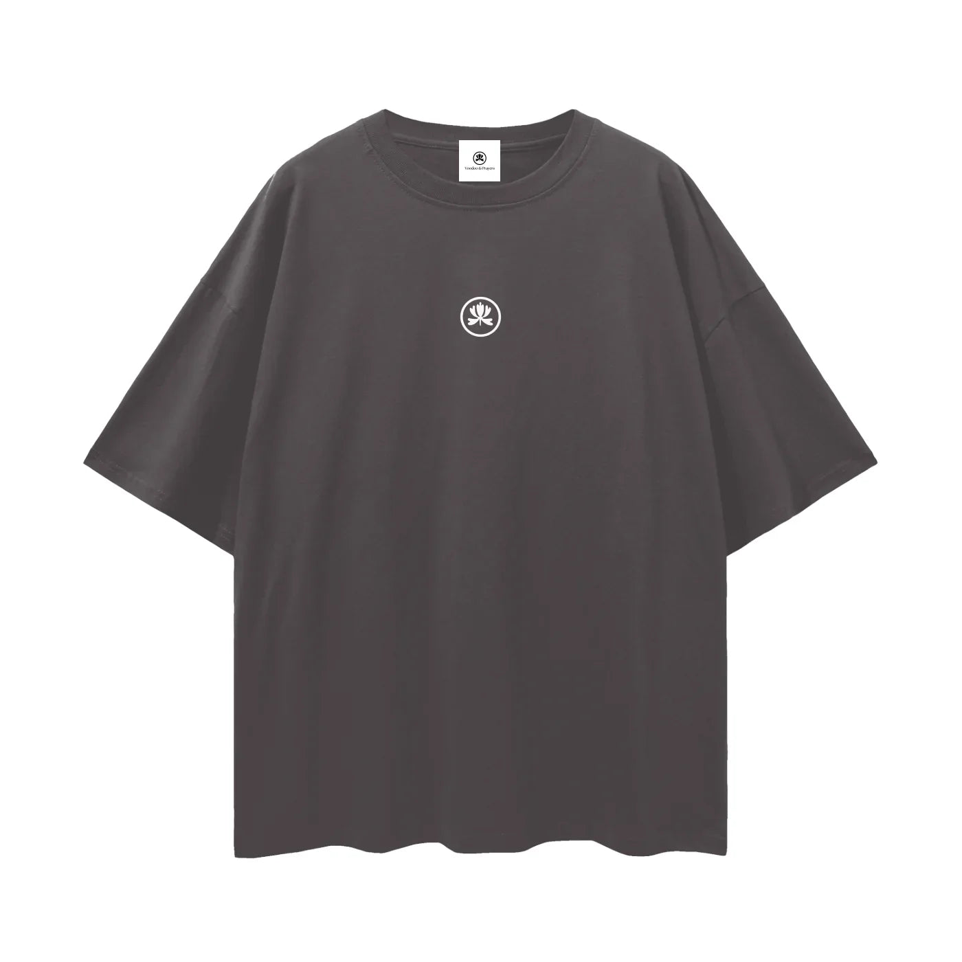 Black oversized t-shirt with small white abstract logo on chest, streetwear fashion