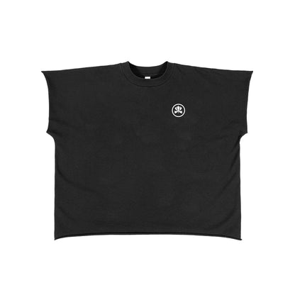 Black oversized t-shirt with white minimalist emblem on chest, clubwear style