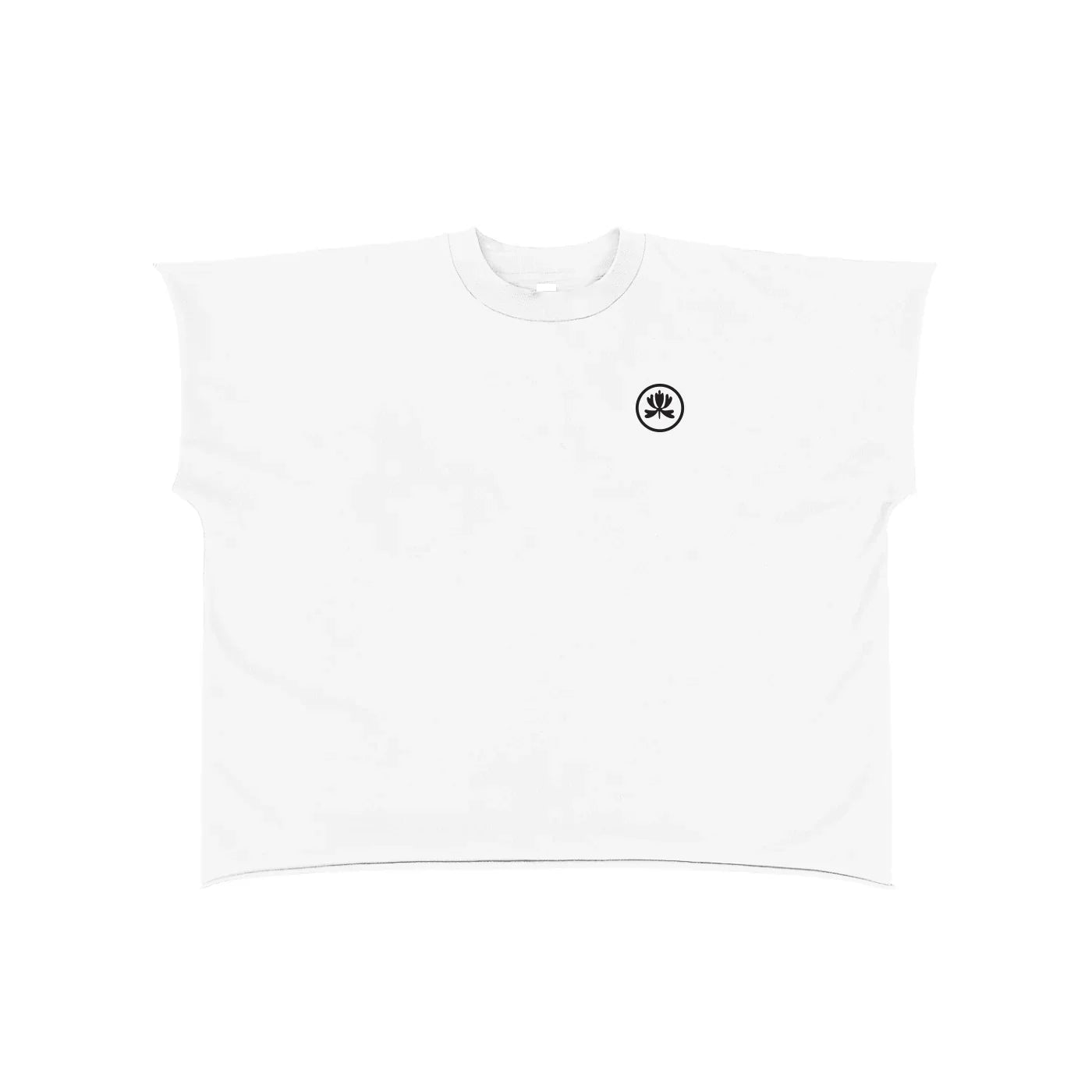 White oversized t-shirt with small black spiritual symbol graphic on chest, minimalist style