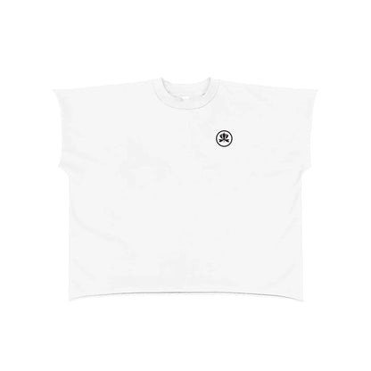 White oversized t-shirt with small black spiritual symbol graphic on chest, minimalist style