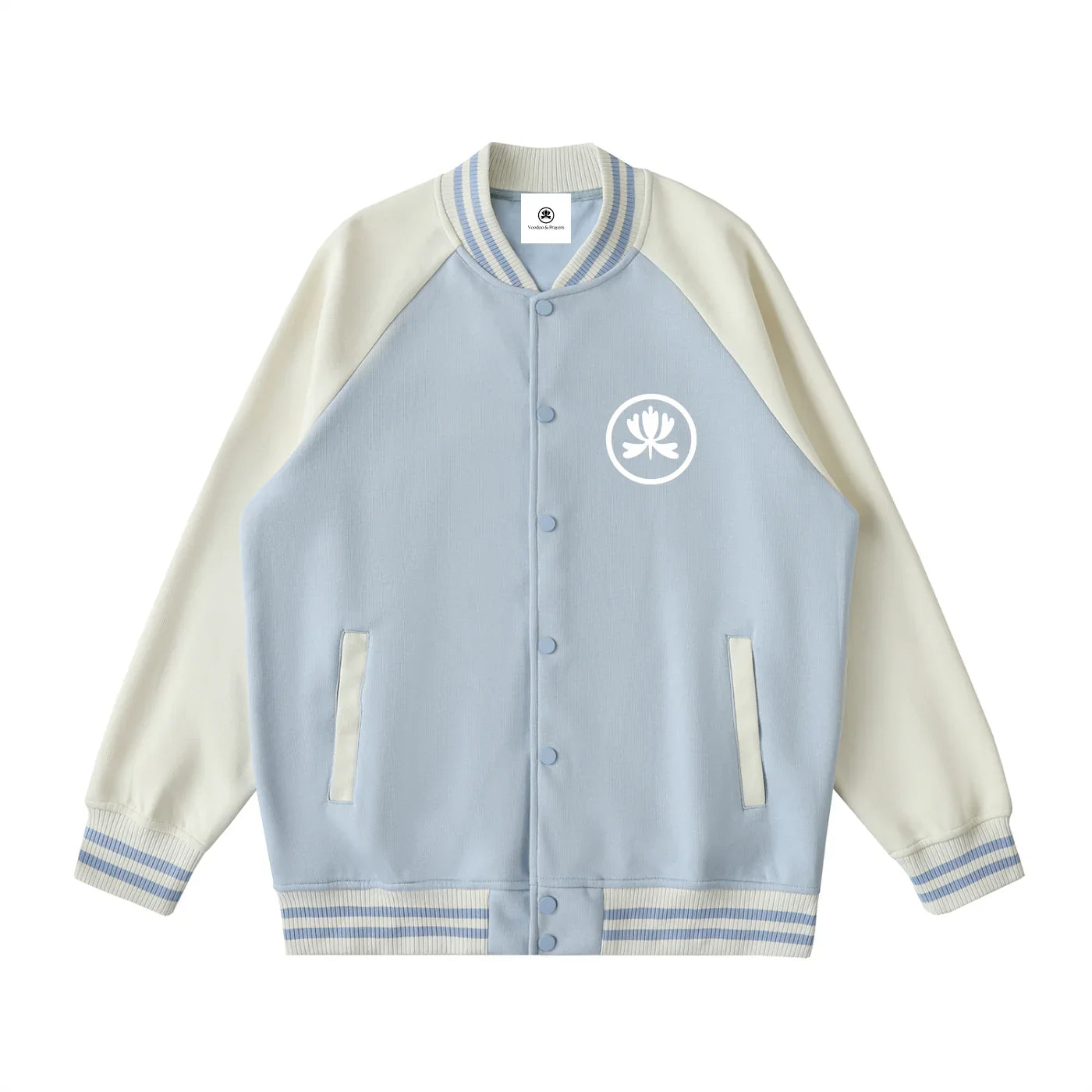 Light blue and cream varsity jacket with white lotus flower logo, club culture streetwear