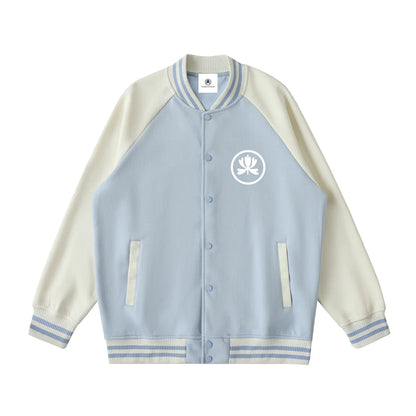 Light blue and cream varsity jacket with white lotus flower logo, club culture streetwear