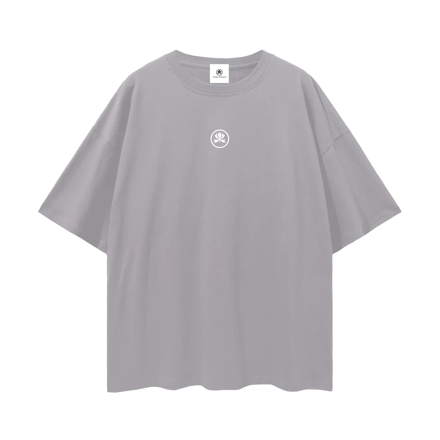 Oversized grey t-shirt with small white logo graphic on chest, minimalist streetwear style