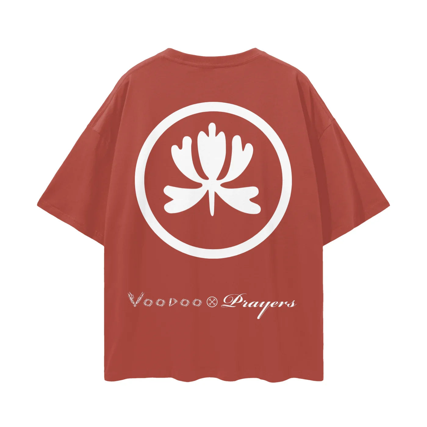 Red oversized t-shirt with large white lotus emblem and stylized 'Voodoo Prayers' text on back