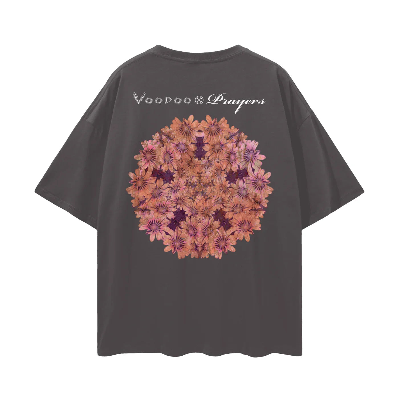 Black oversized t-shirt with psychedelic floral mandala and 'Voodoo Prayers' text on back
