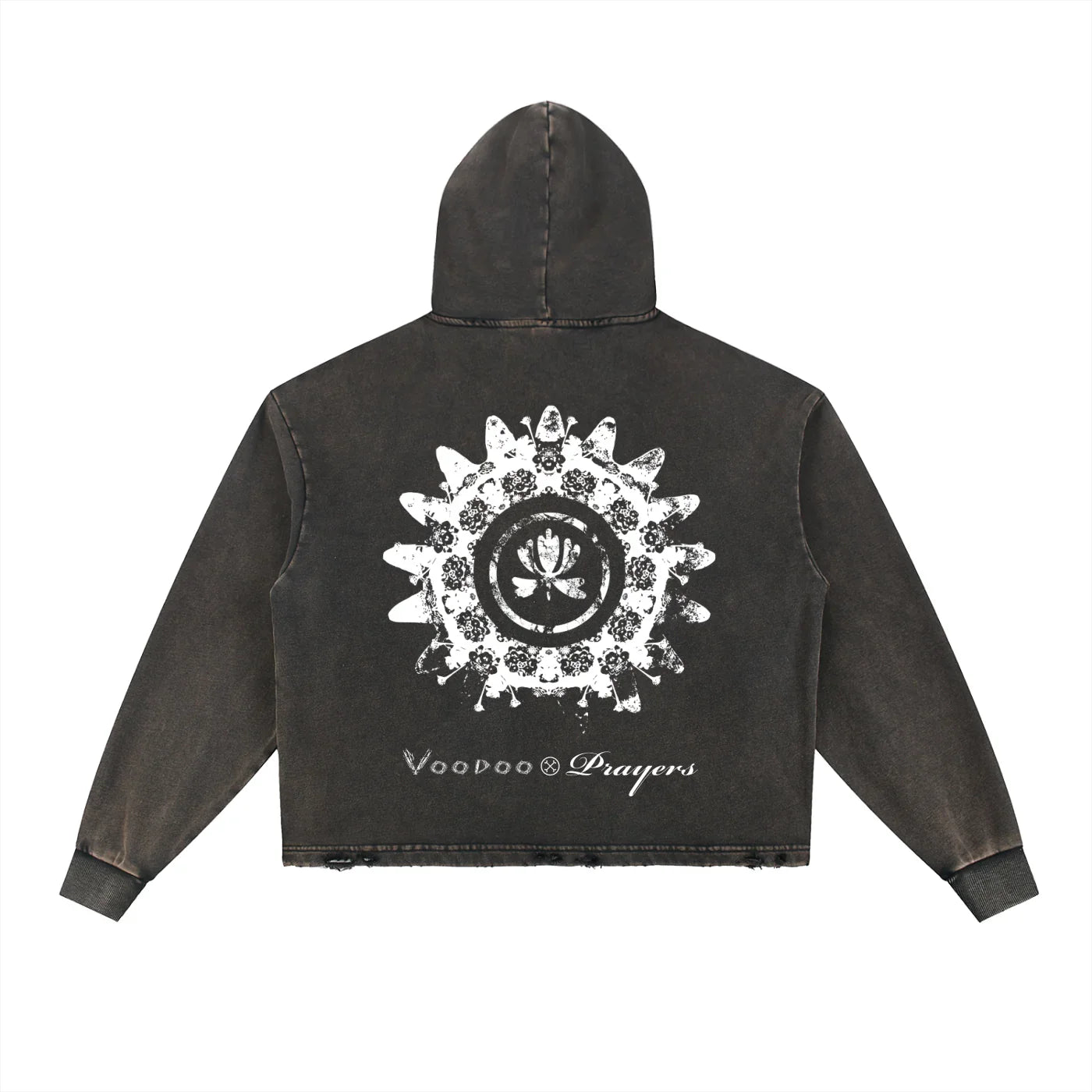 Black hooded jacket with white mandala graphic and distressed edges, clubwear streetwear style