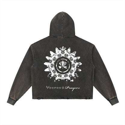 Black hooded jacket with white mandala graphic and distressed edges, clubwear streetwear style
