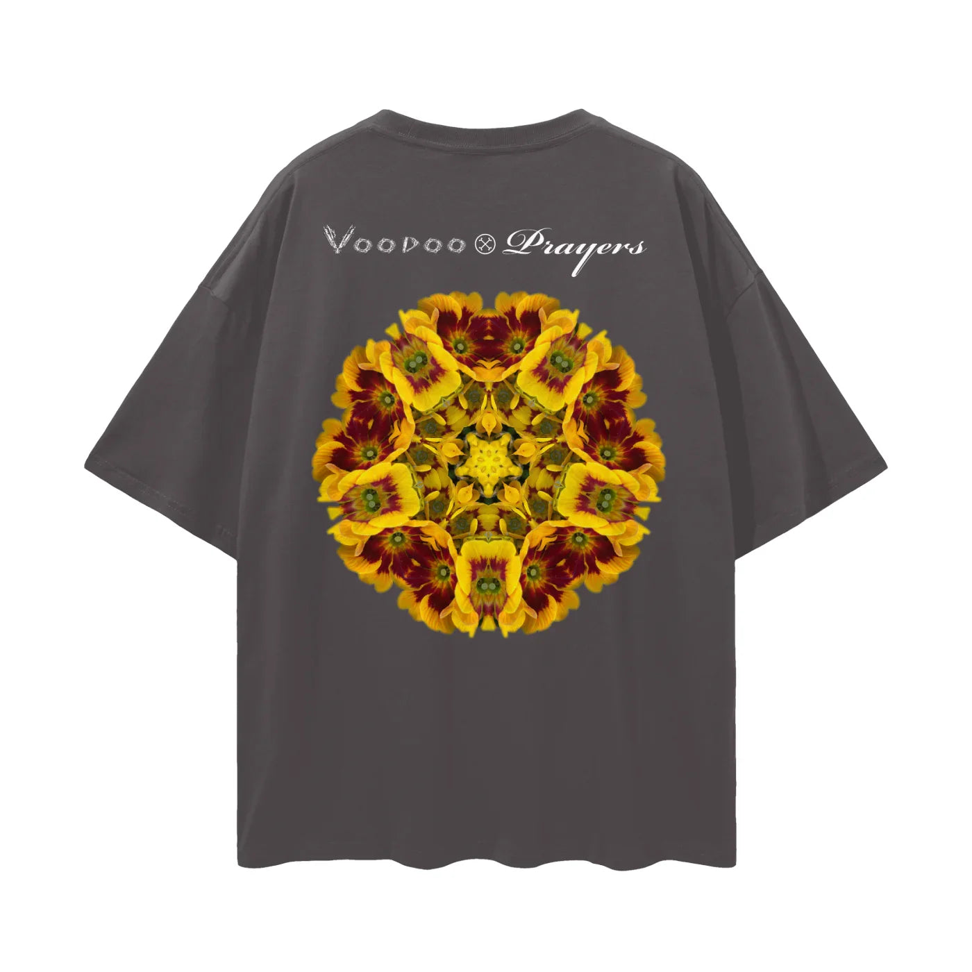 Charcoal t-shirt with kaleidoscopic yellow and red floral graphic and Voodoo Prayers text