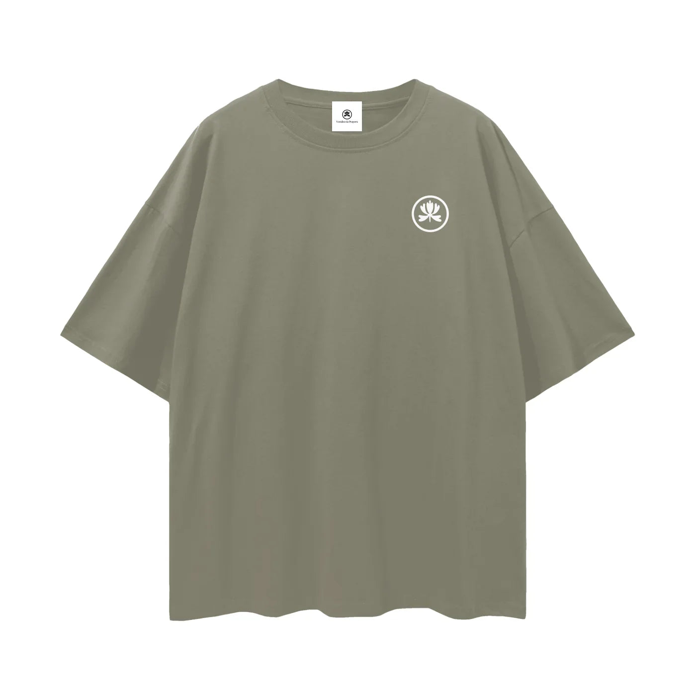 Olive green oversized t-shirt with minimalist white graphic on chest, streetwear style