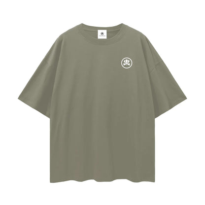 Olive green oversized t-shirt with minimalist white graphic on chest, streetwear style