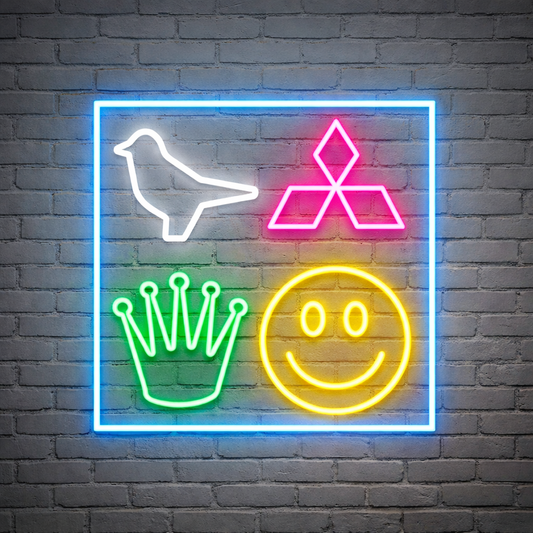 Neon signs of a bird, crown, and smiley face on a brick wall.