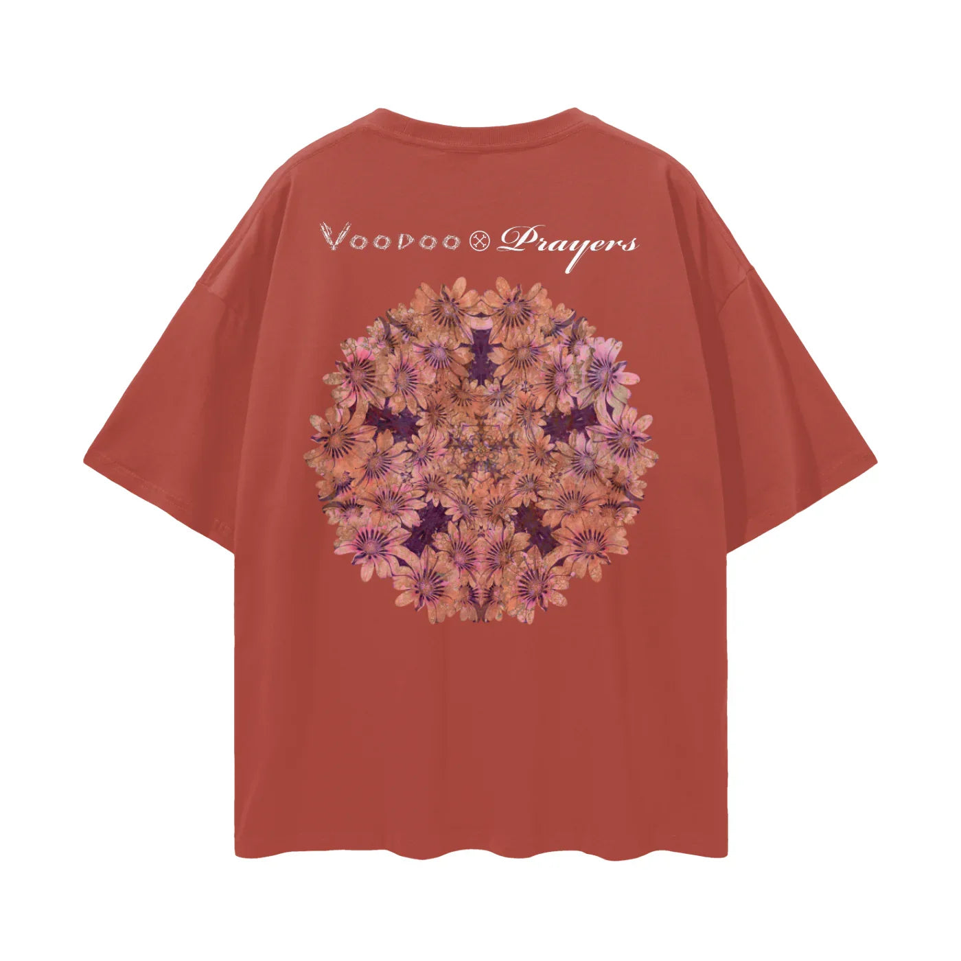 Rust-colored t-shirt with floral mandala graphic and unique typography on the back