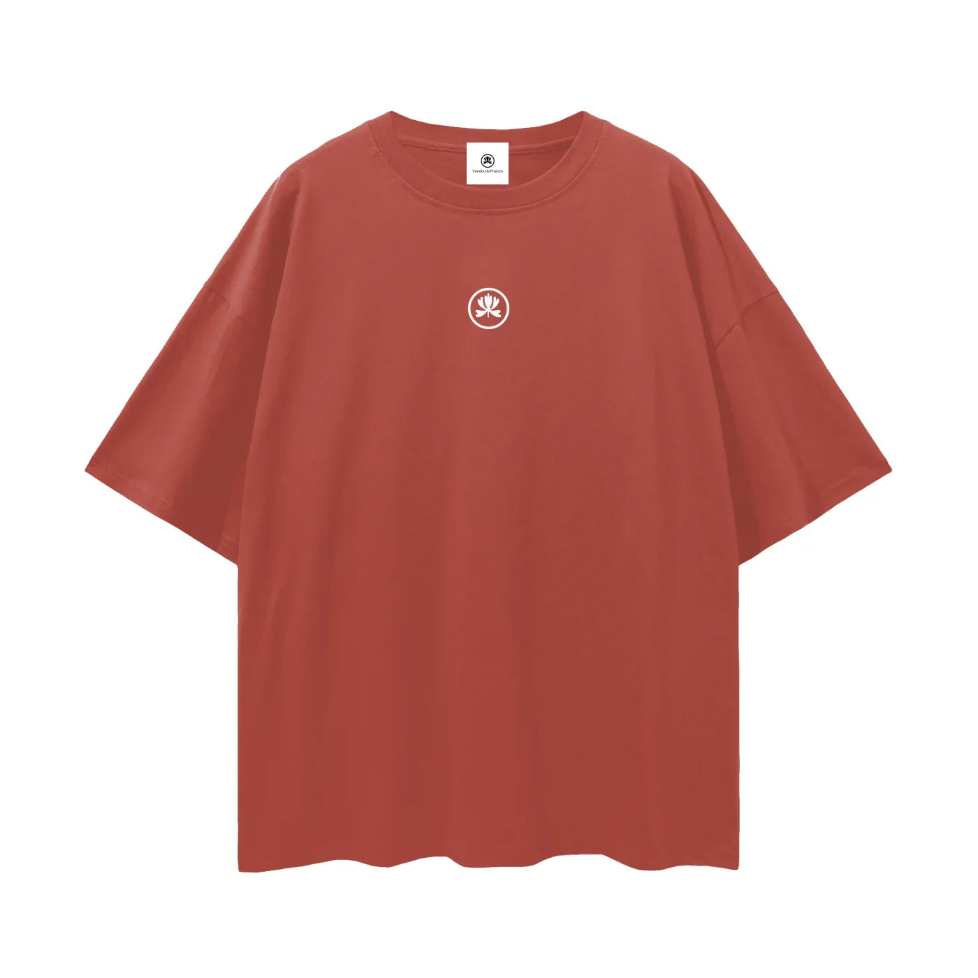 Oversized rust red t-shirt with small white abstract logo on chest, minimalist streetwear