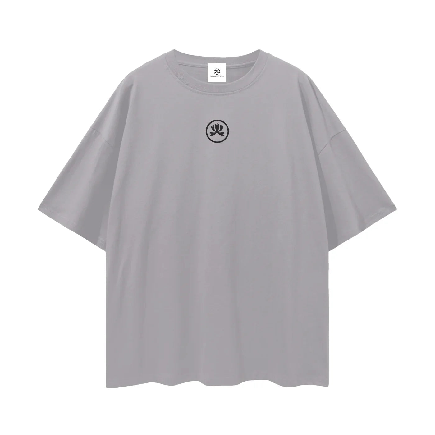 Oversized grey t-shirt with black abstract emblem, minimalist streetwear design