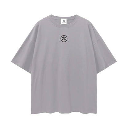 Oversized grey t-shirt with black abstract emblem, minimalist streetwear design