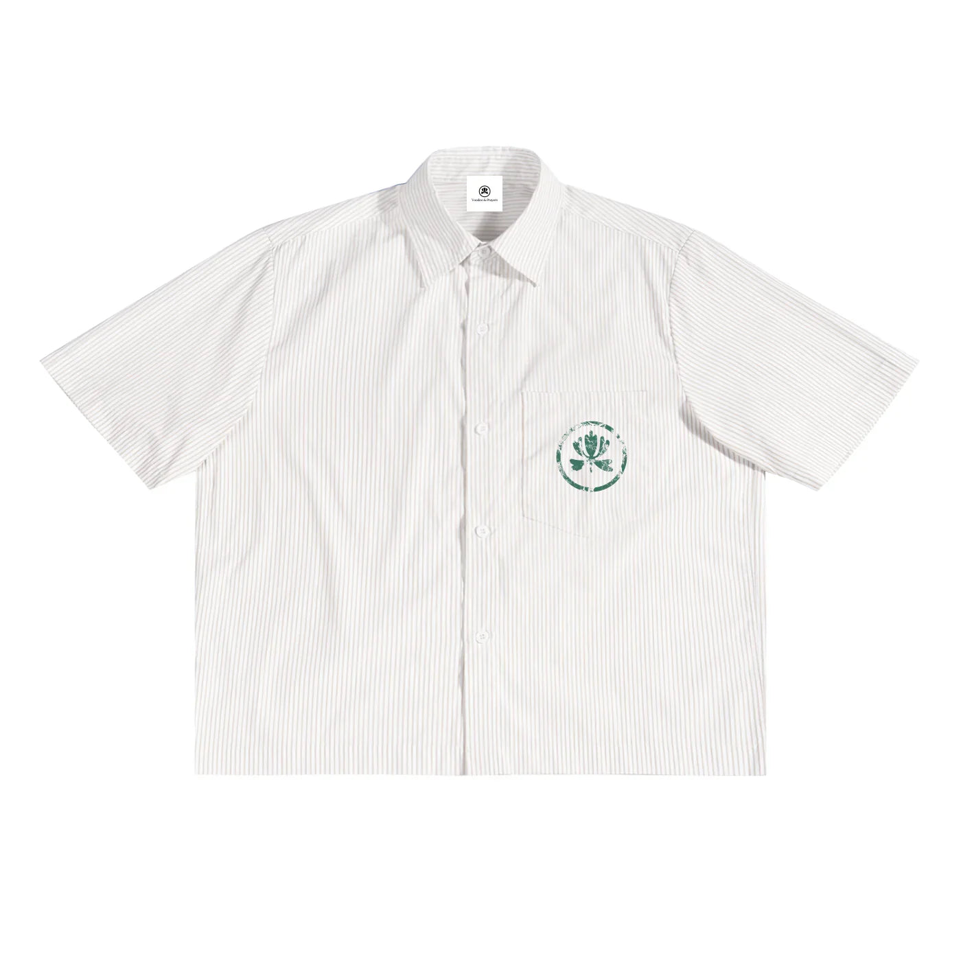 White short-sleeve striped button-up shirt with green chest pocket graphic