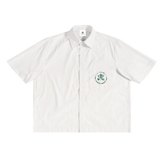 White short-sleeve striped button-up shirt with green chest pocket graphic