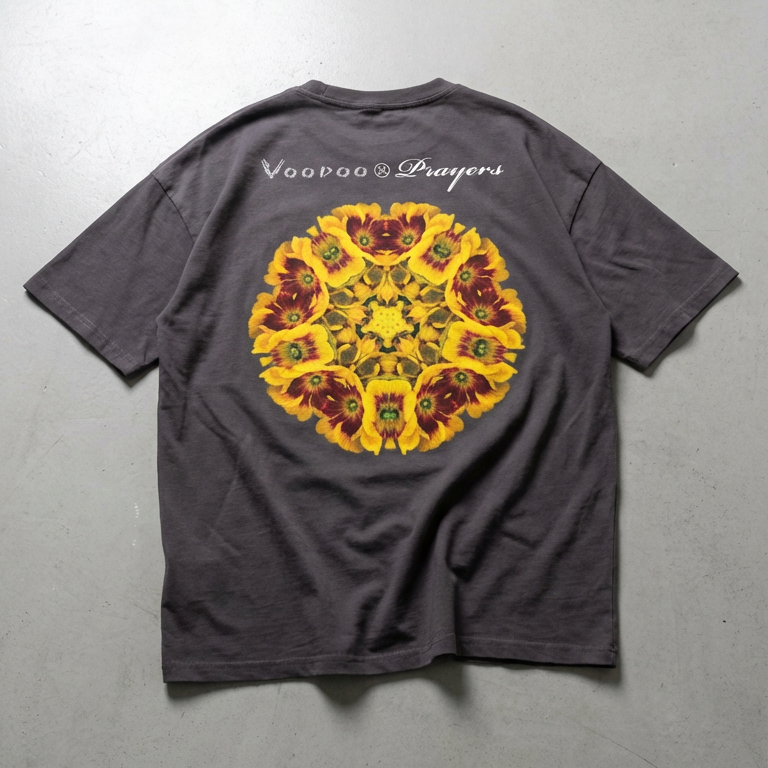 Dark Grey T-shirt layed out of the floor, with a yellow and dark red floral Driving cover art from Voodoo & Prayers designs on the back. 