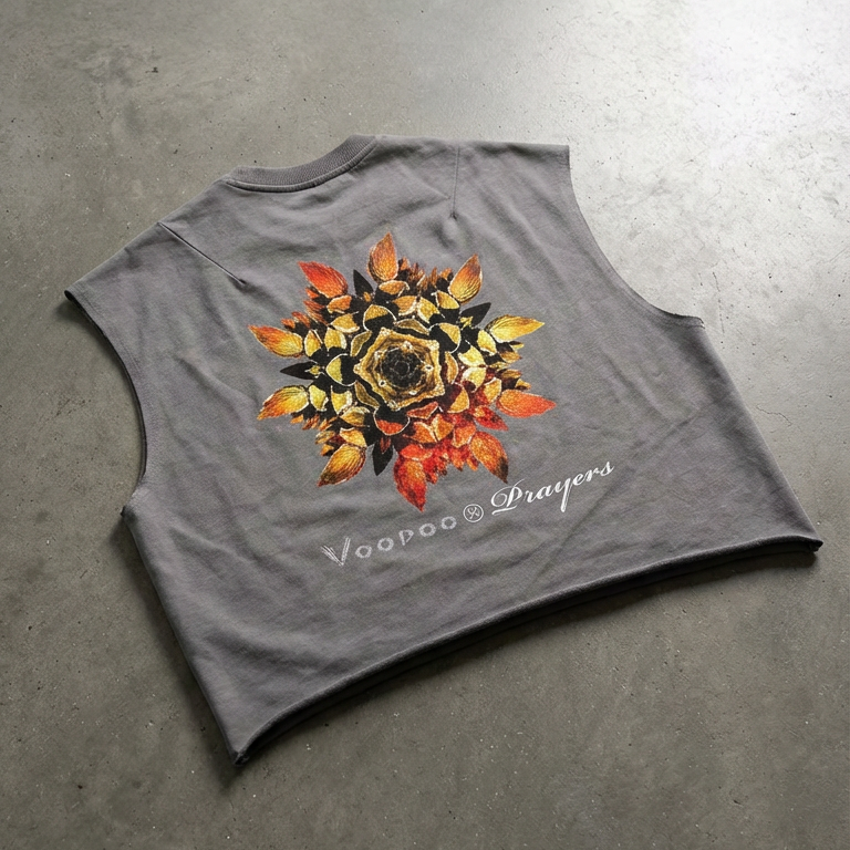 Grey Tank Top vest layed out flat on the floor with a floral design. 