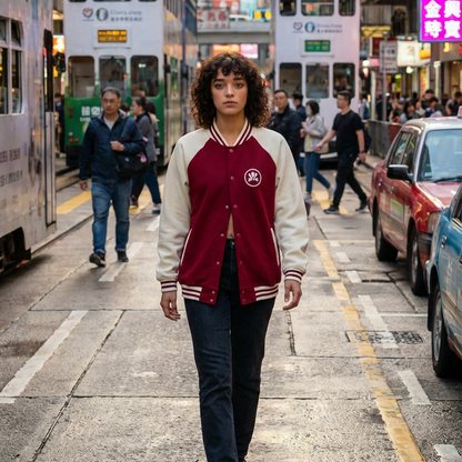 Girl walking down center of hong kong street, with red college jacket on and trams in the background.