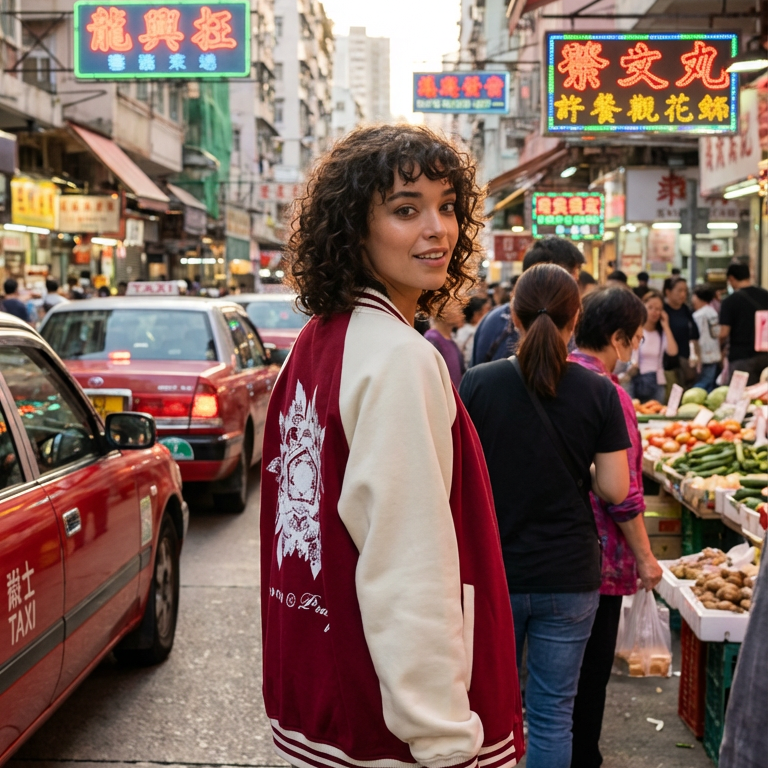 Girl walking down a hong kong street away from the camera, wearing a red voodoo & Prayers college Jacket. With cars and shops in the background.