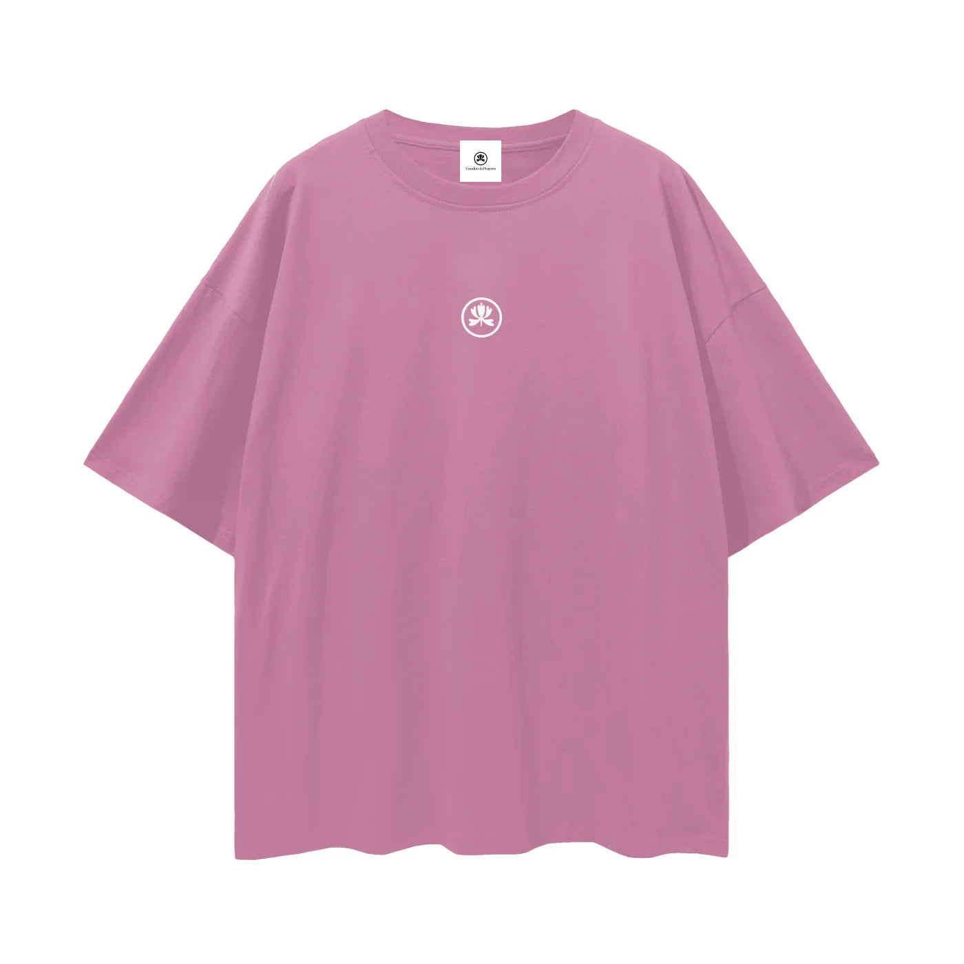 Pink oversized t-shirt with small white club culture logo at center chest