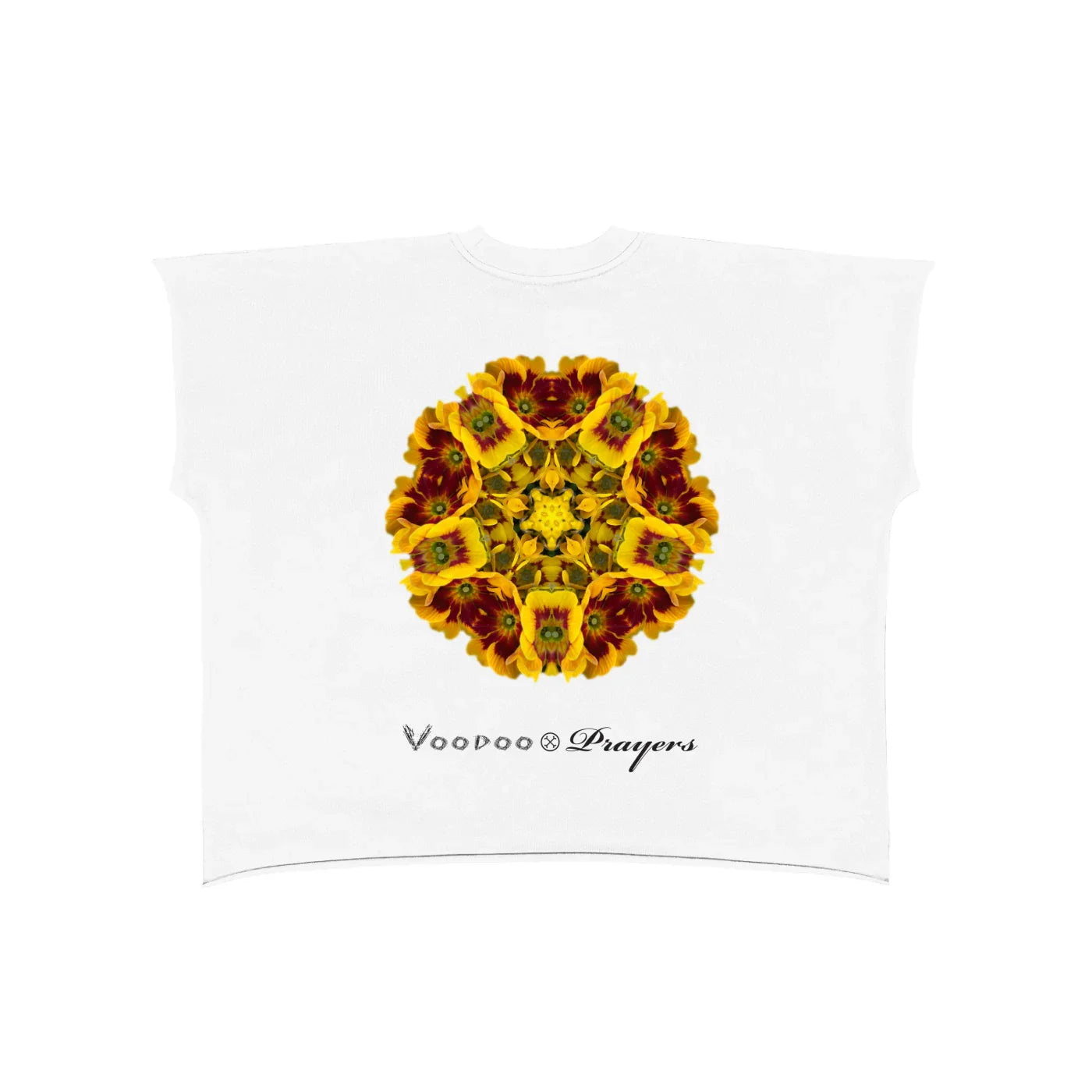 White T-shirt with yellow flower kaleidoscope graphic and cursive text below the design.