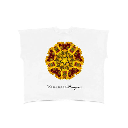 White T-shirt with yellow flower kaleidoscope graphic and cursive text below the design.