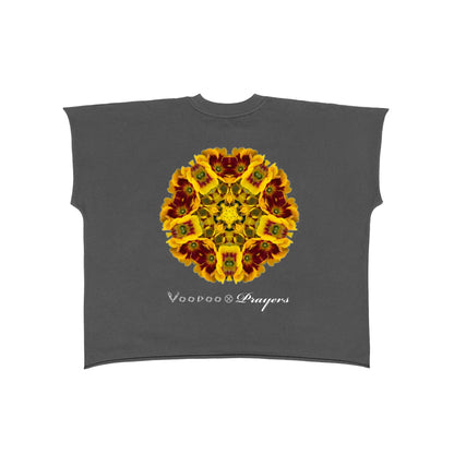 Charcoal gray t-shirt with vibrant yellow floral mandala and white graphic text on back