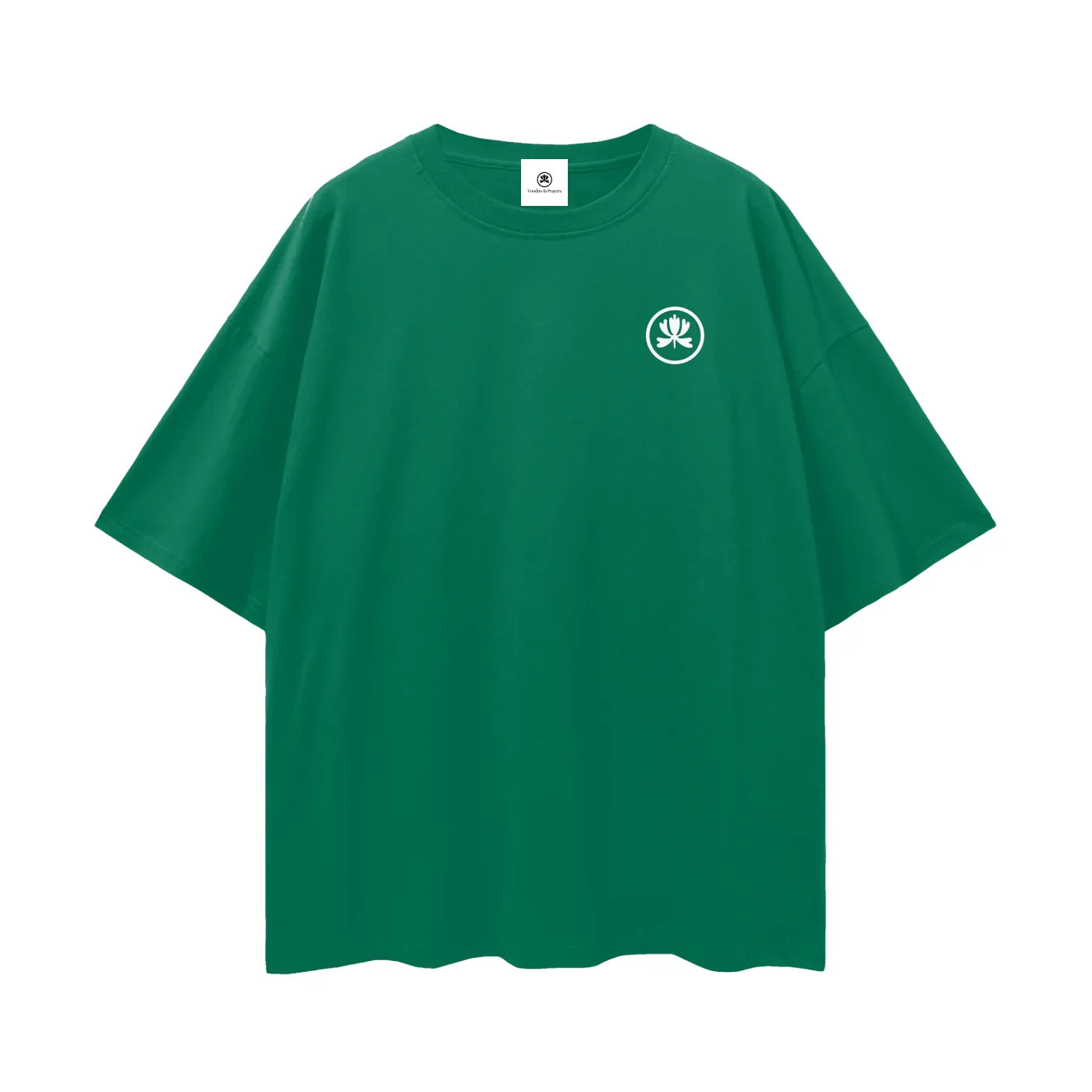 Green oversized t-shirt with white spiritual hand symbol graphic on chest