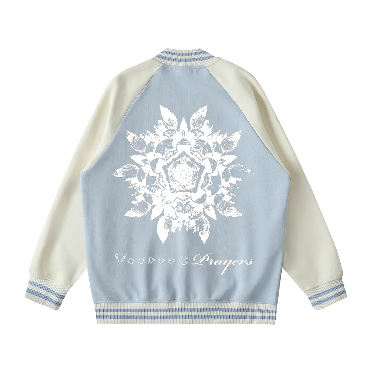 Light blue and cream varsity jacket with white floral mandala and 'Prayers' text on back.