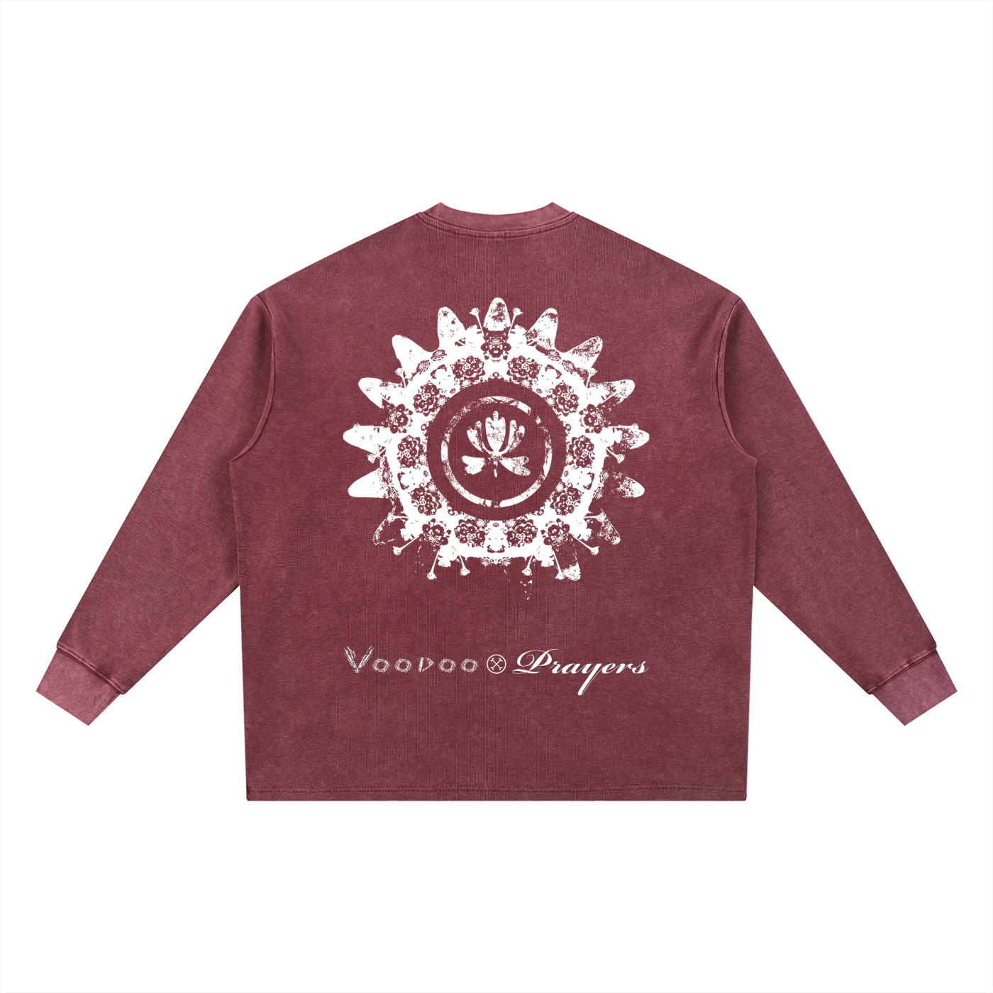 Maroon long-sleeve shirt with white graphic design on the back on a white background
