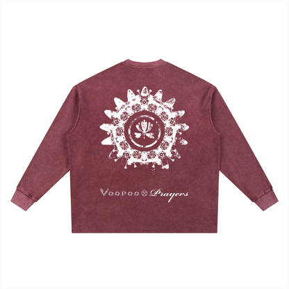Maroon long-sleeve shirt with white graphic design on the back on a white background