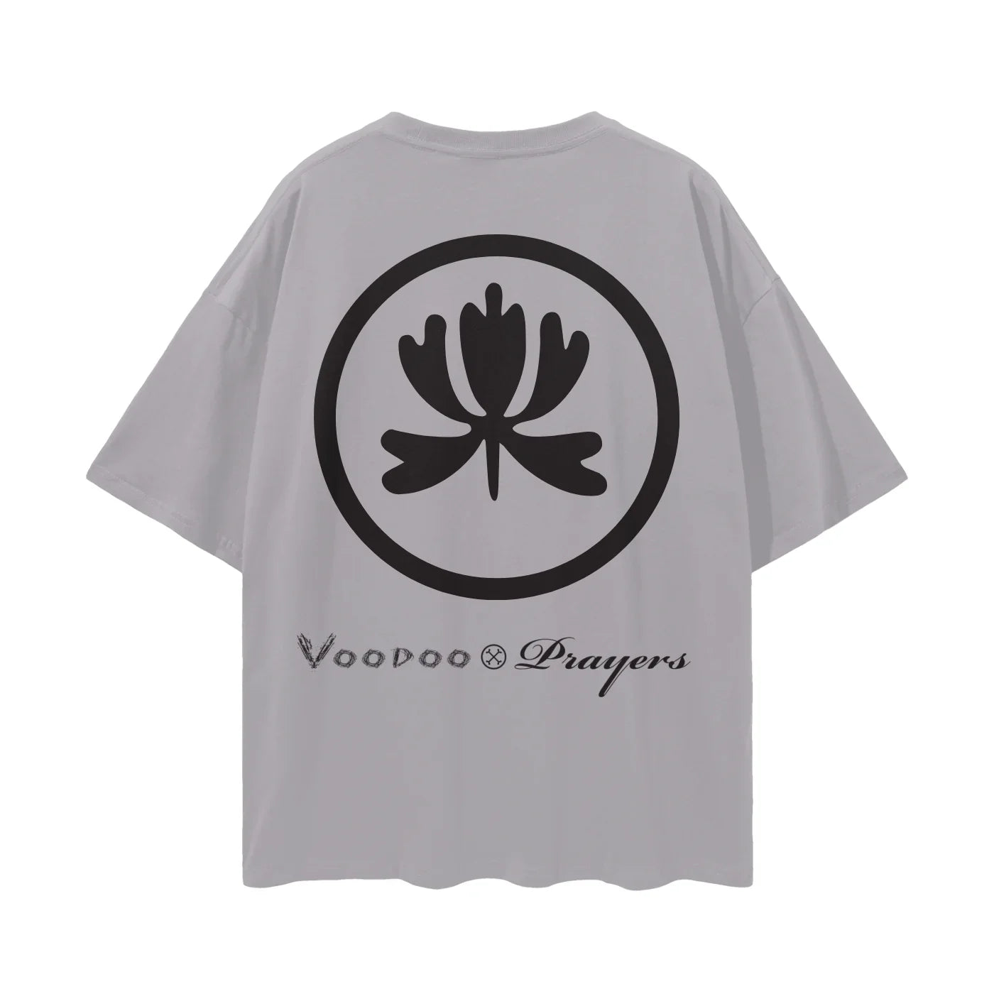 Gray oversized t-shirt with bold black abstract emblem and Voodoo Prayers text on back