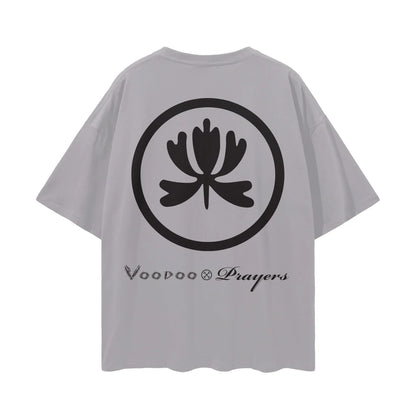 Gray oversized t-shirt with bold black abstract emblem and Voodoo Prayers text on back