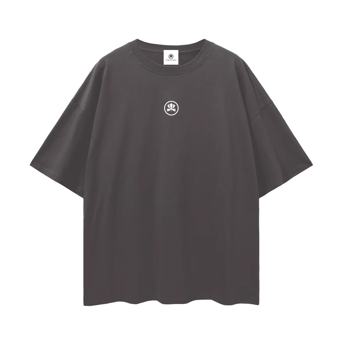 Oversized black t-shirt with small white abstract logo on chest, minimalist streetwear style