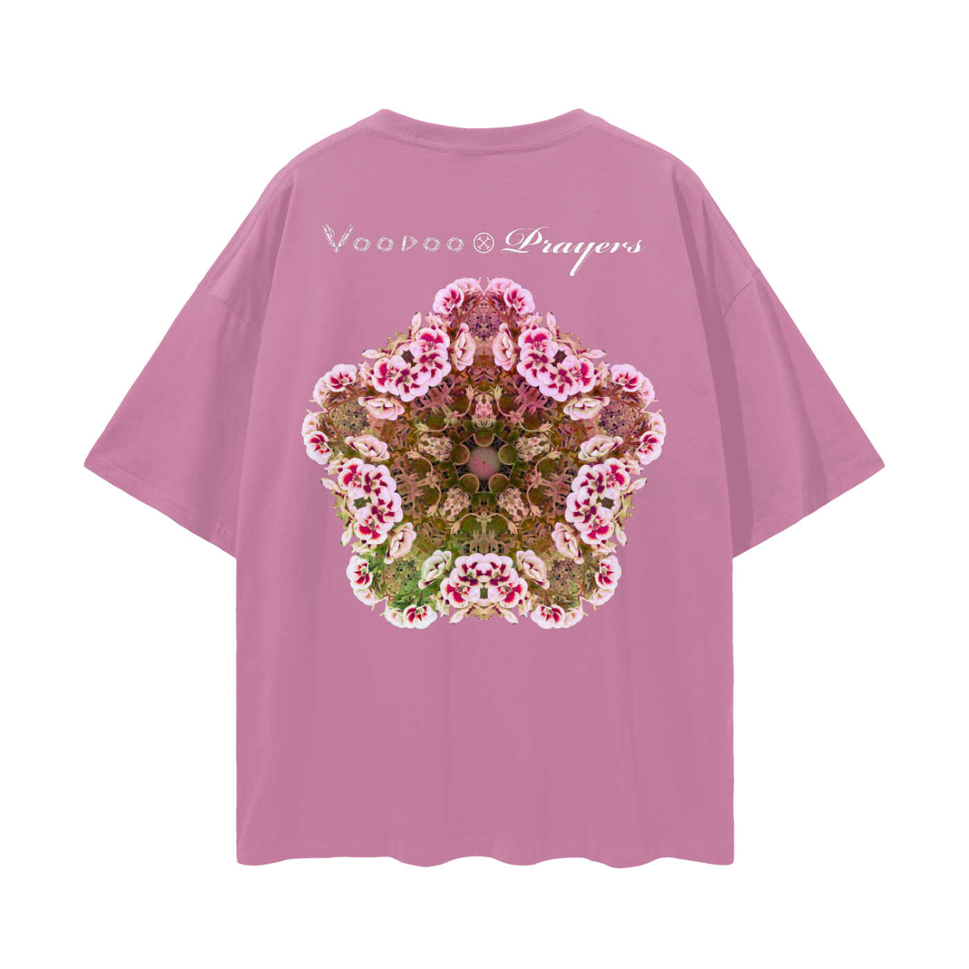 Pink t-shirt with floral design and text on a white background