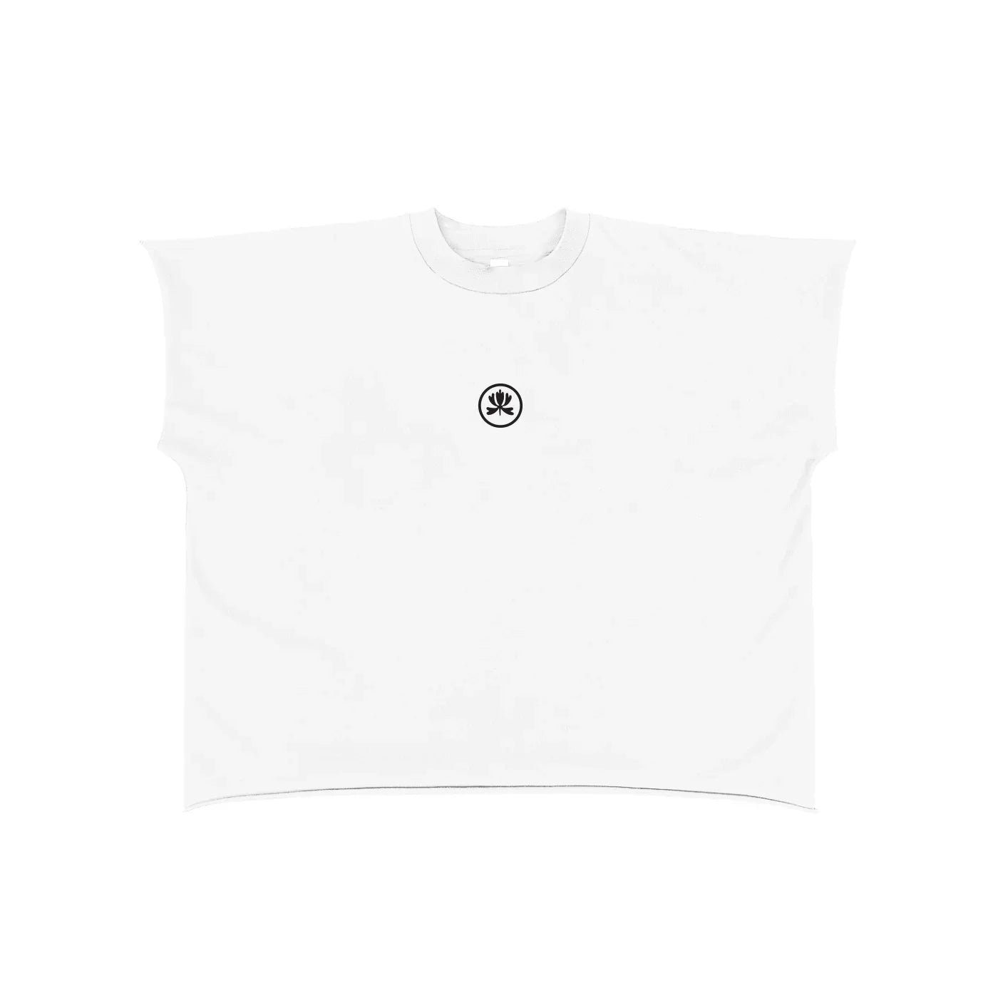 White oversized t-shirt with small black club culture logo on chest, minimalist streetwear